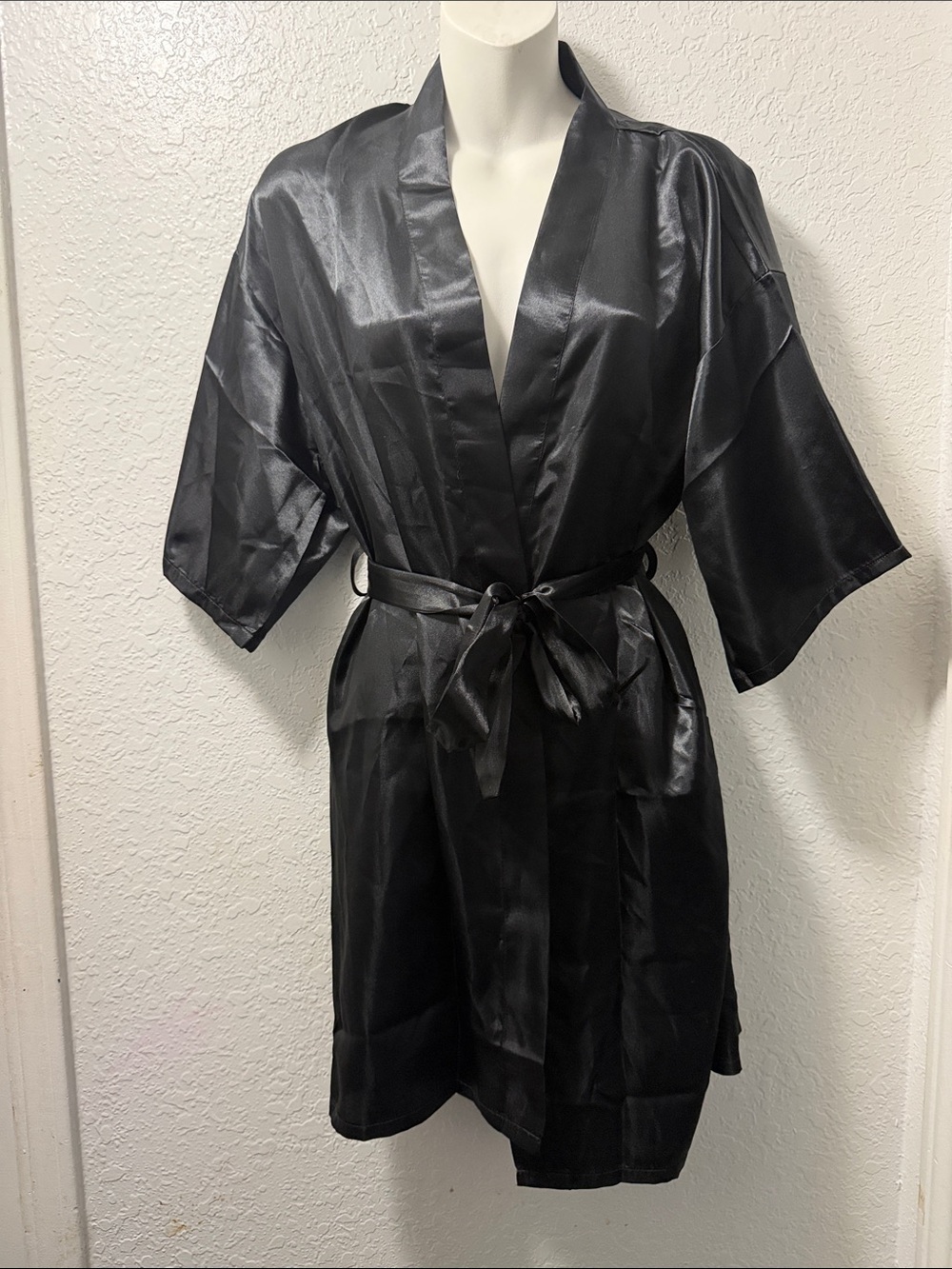 Silky Black Short Kimono Bridesmaid Robe with Tie Belt with heels